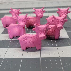 6 Pink Diener Colorful Cow Shaped Eraser Farm Animal Mini Figure School Supplies